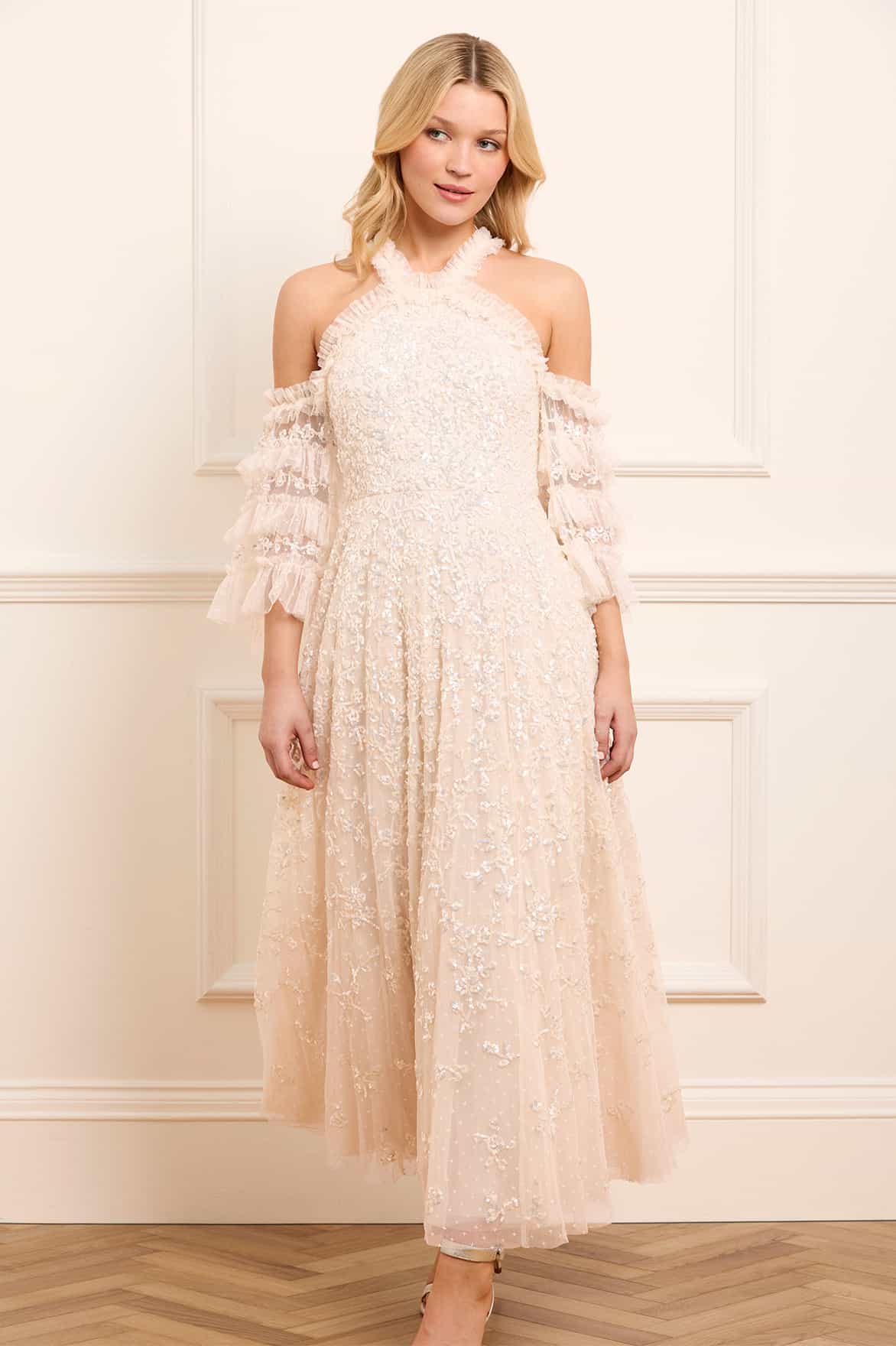 Floral Lace Off-Shoulder Ankle Gown