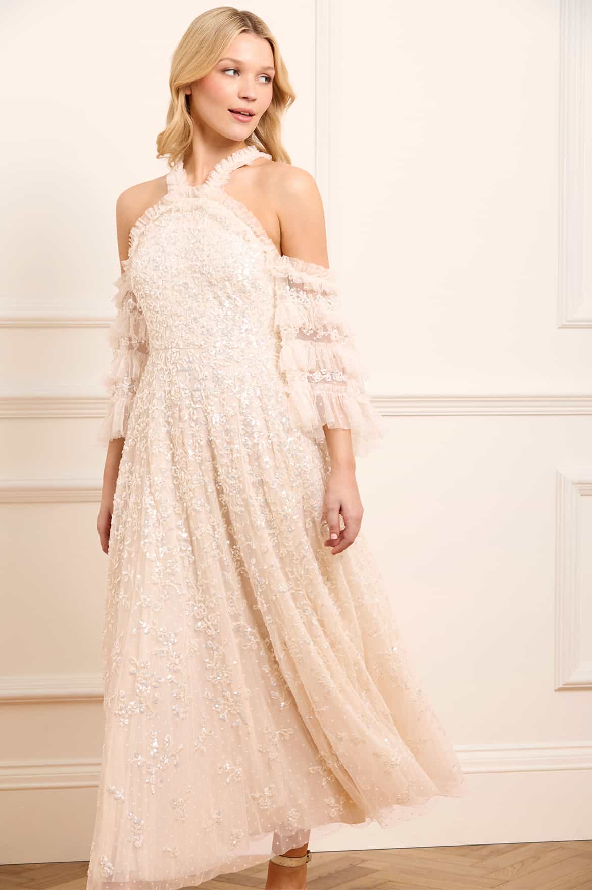 Floral Lace Off-Shoulder Ankle Gown