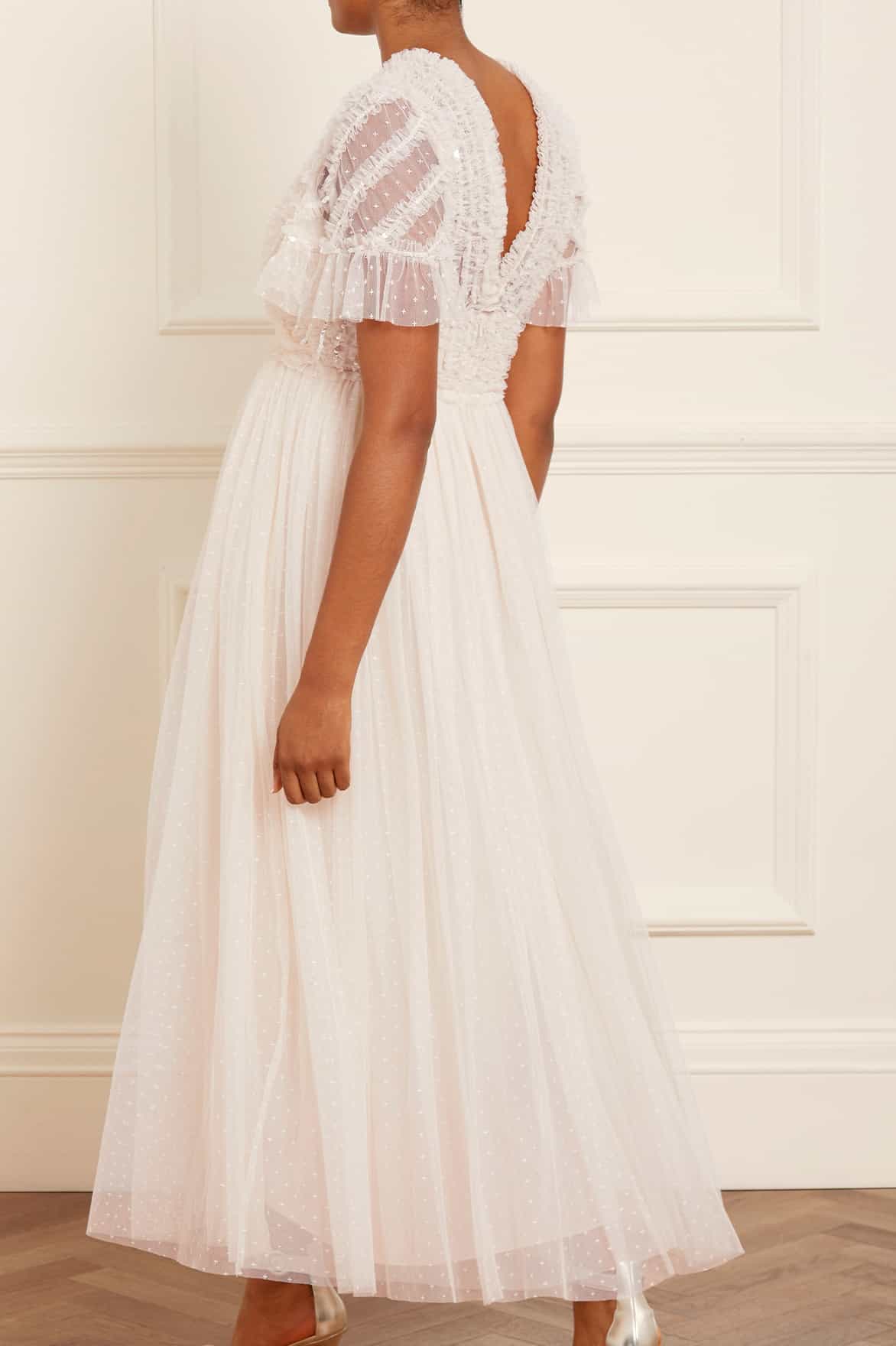 Spiral Sequin Bodice V-Neck Ankle Gown