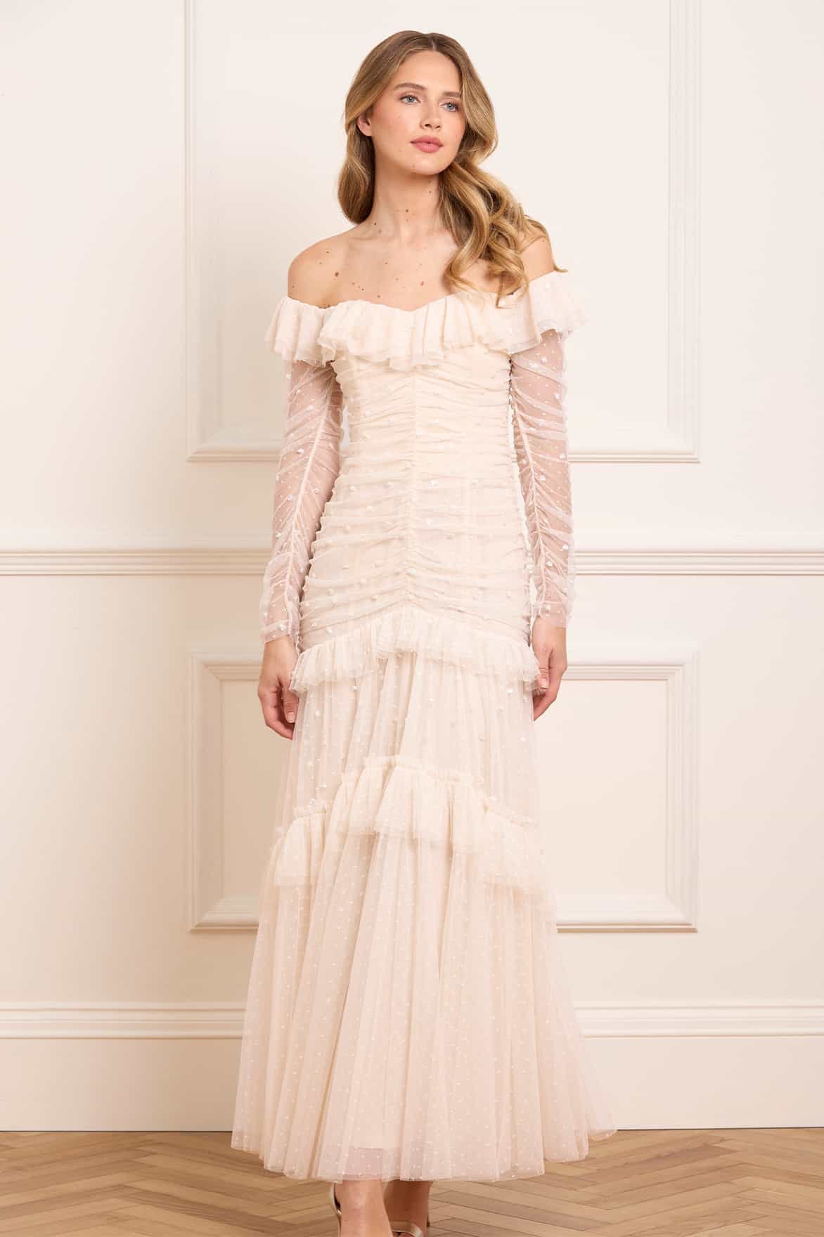 Sequin Glimmer Rouched Off-Shoulder Gown