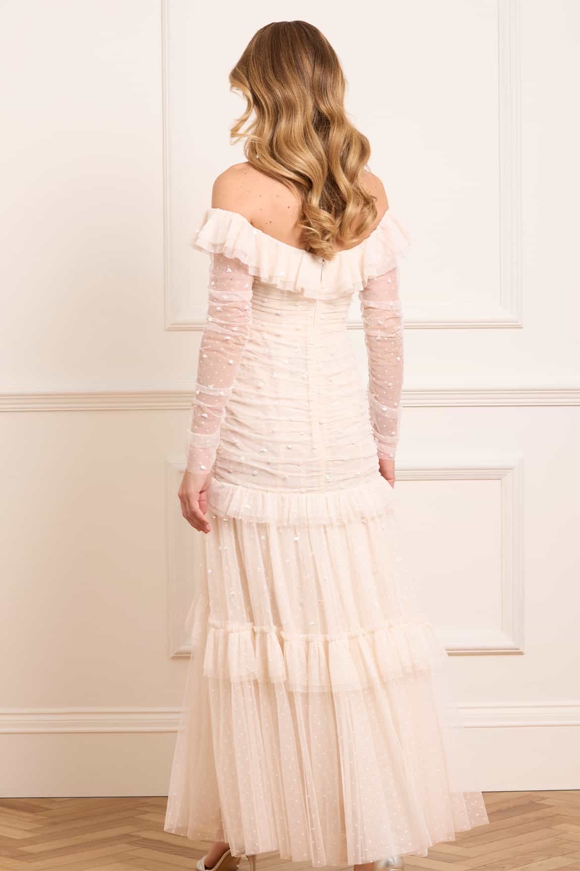 Sequin Glimmer Rouched Off-Shoulder Gown