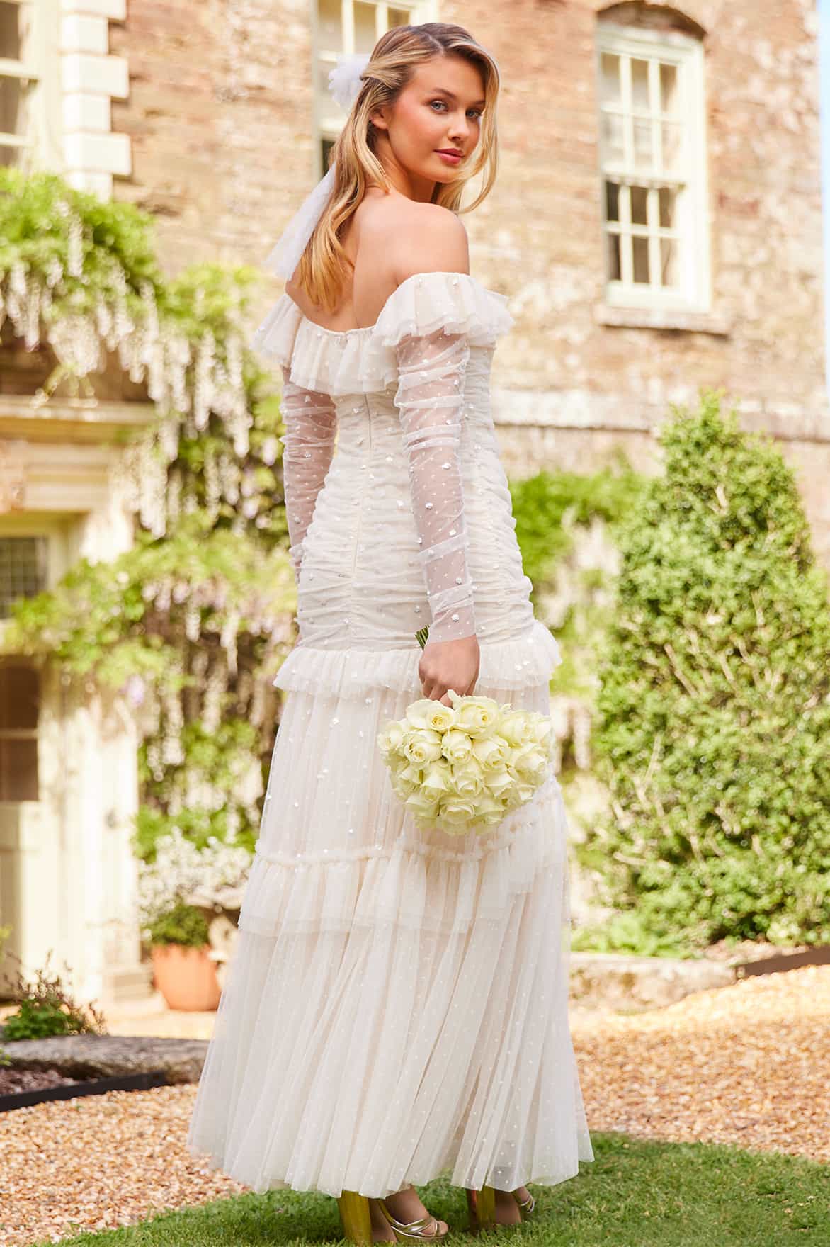 Sequin Glimmer Rouched Off-Shoulder Gown